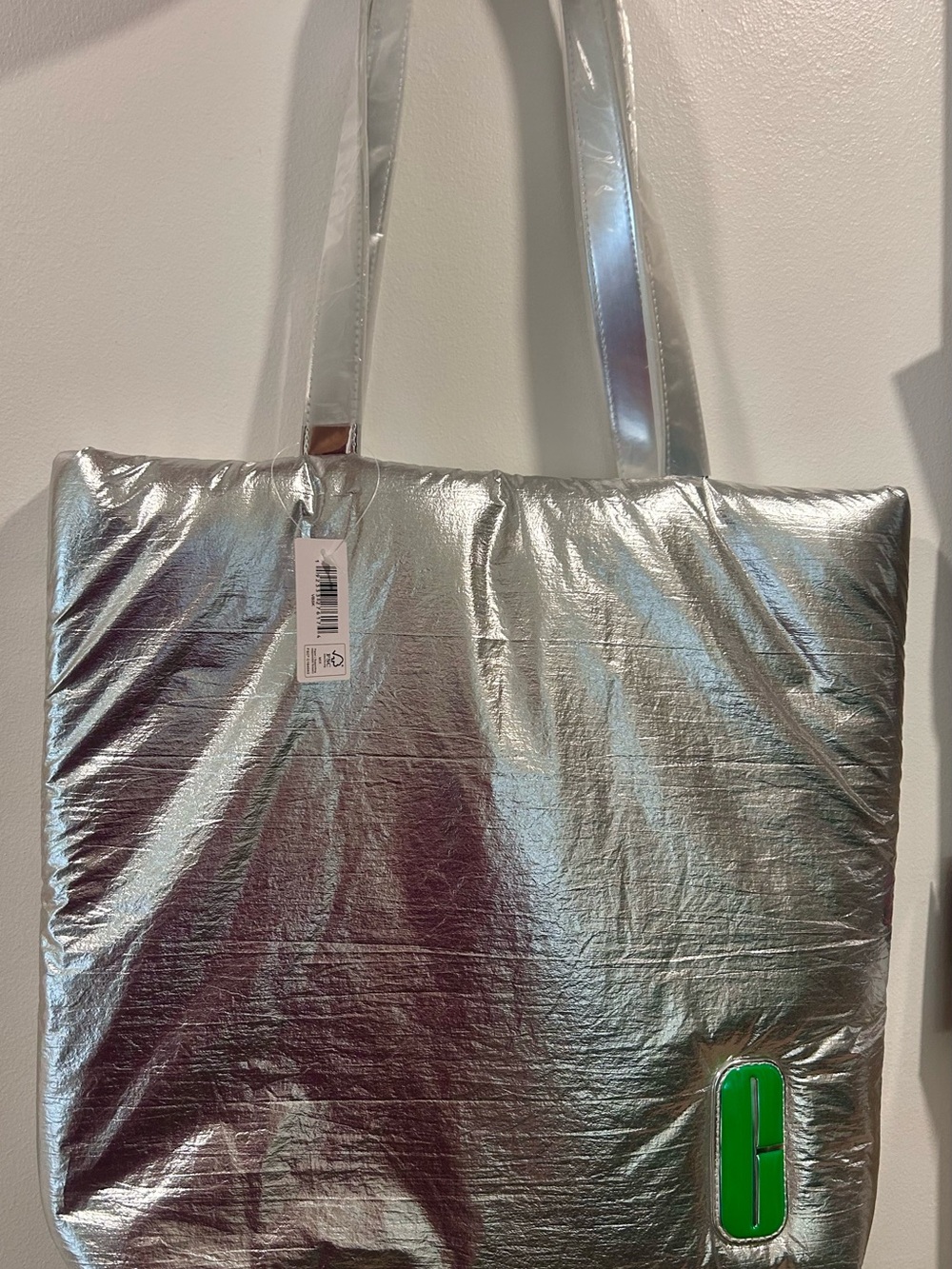 Clinique Metallic Silver Puffy Tote Bag Green Logo NWT Shimmer Puffer Large